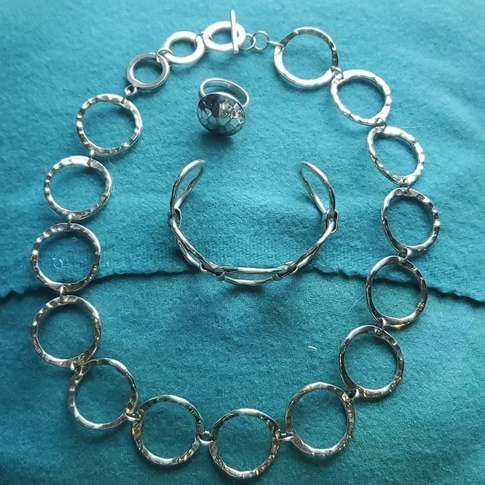 Handmade Hammered Silver chocker, bracelet and ring set 3 pc - Picture 2 of 9